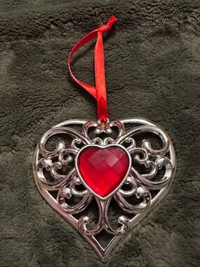 Lenox Bejeweled Heart Ornament Silverplate Christmas 3" Heart Ornament Red Gem